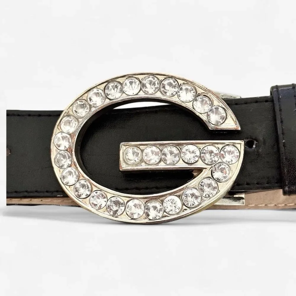 Guess Leather Belt G Logo Y2K Vintage M Rhinestone Crystal Buckle Grunge 955195